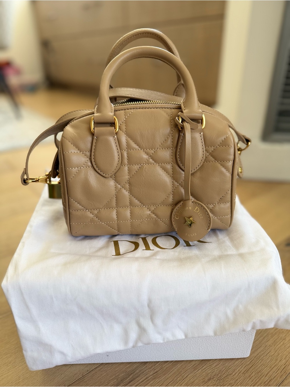 Beige Quilted Leather Mini Bowling Bag